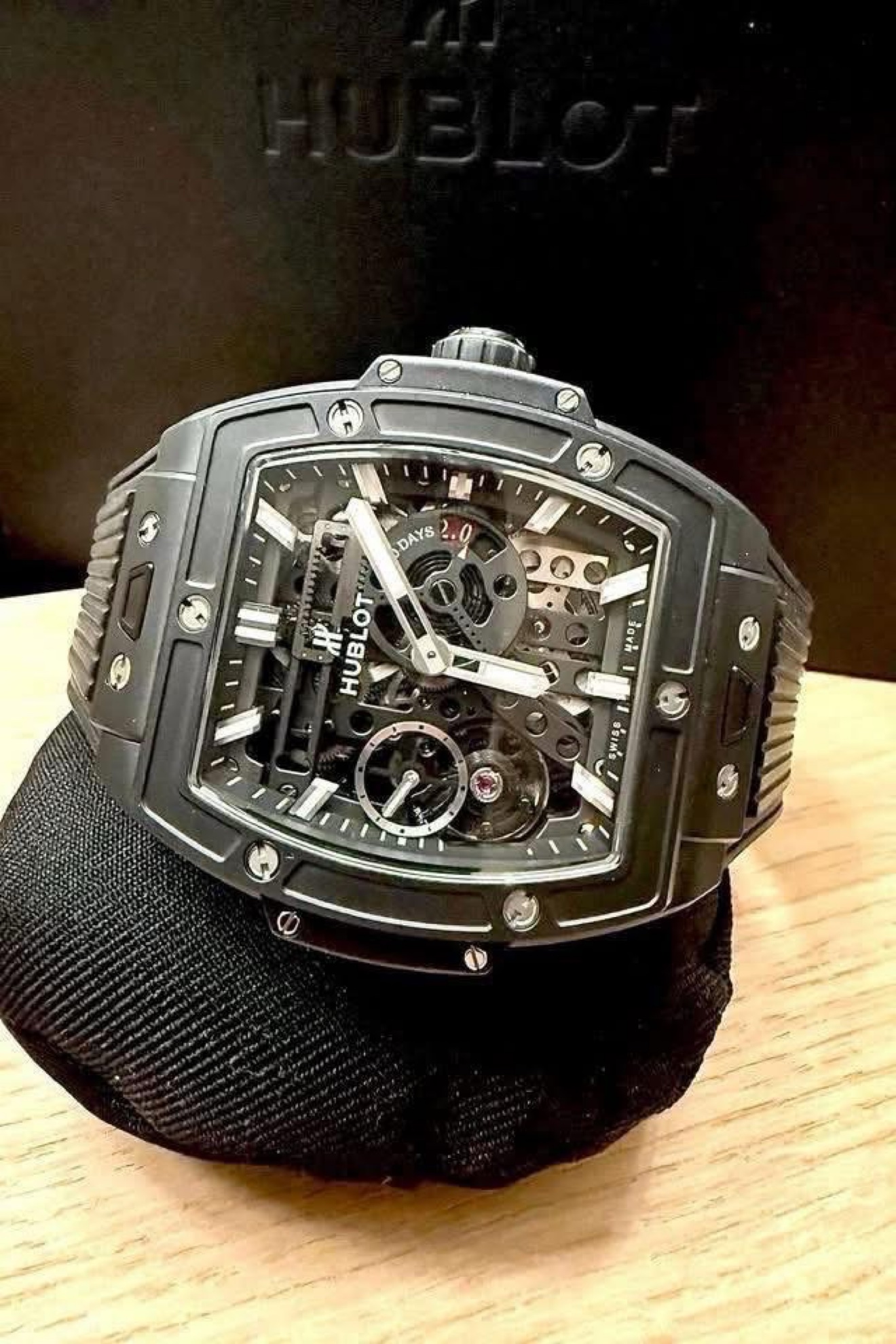 Black Hublot Spirit of Big Bang with a skeleton dial and black strap